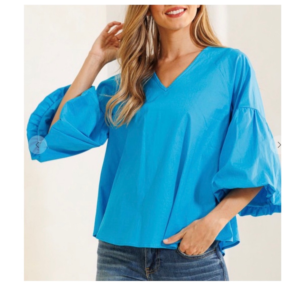 Boho Balloon Sleeve Baby Doll V-neck Solid Top